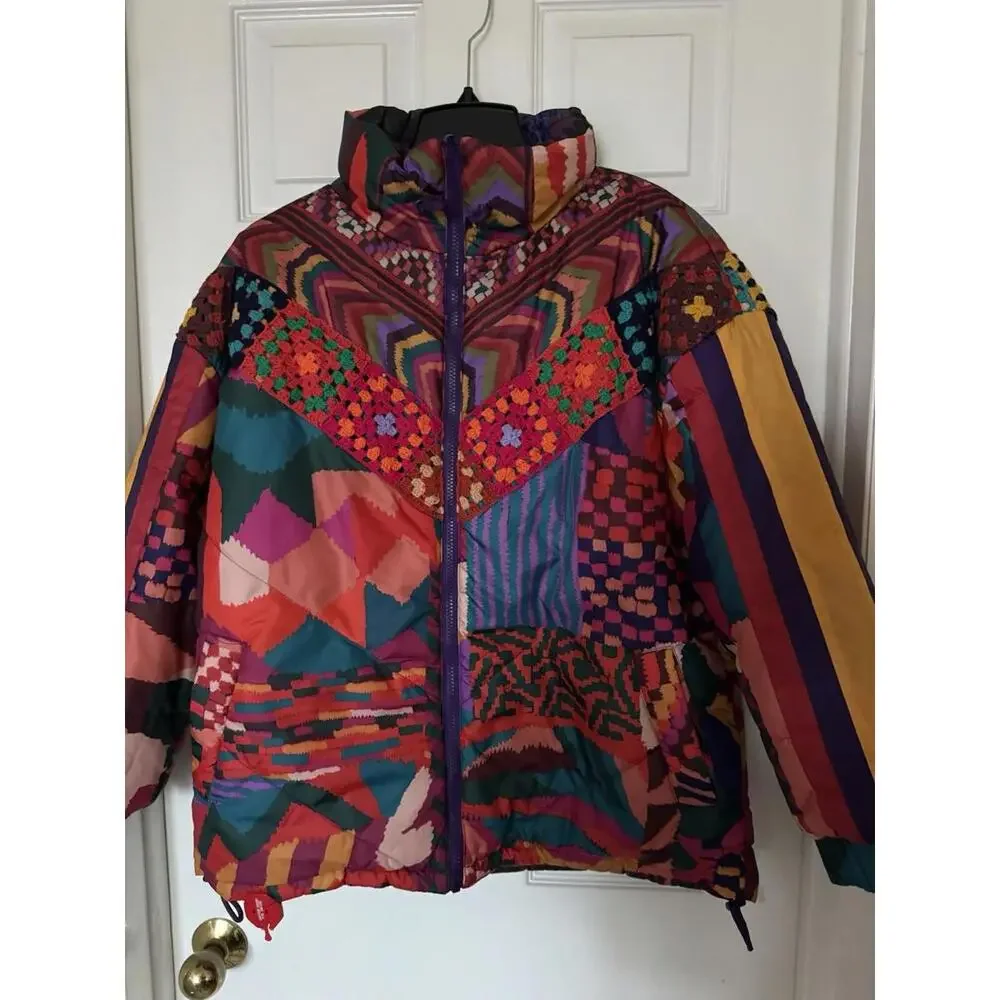 Farm Rio Women's XS Red Abstract Patches Reversible Full Zip Puffer Jacket NEW - Picture 6 of 16